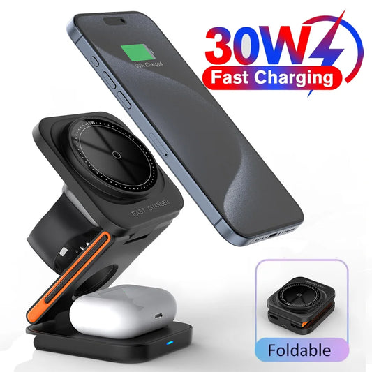 30W 3 in 1 Wireless Charger Phone Magnetic Foldable - tephonech