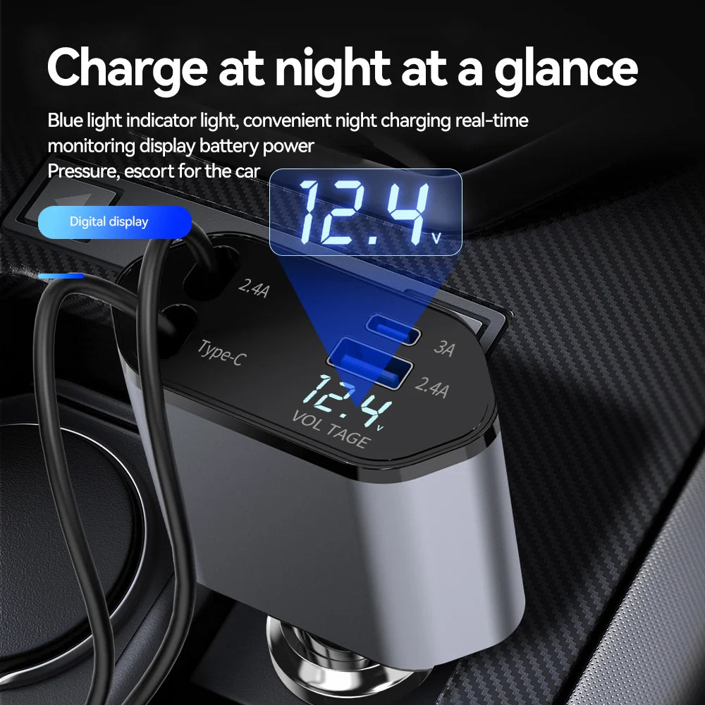 Retractable Car Charger, 4 in 1 Fast Charging Car Charger 120W - tephonech