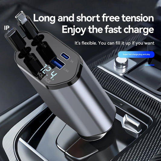 Retractable Car Charger, 4 in 1 Fast Charging Car Charger 120W - tephonech