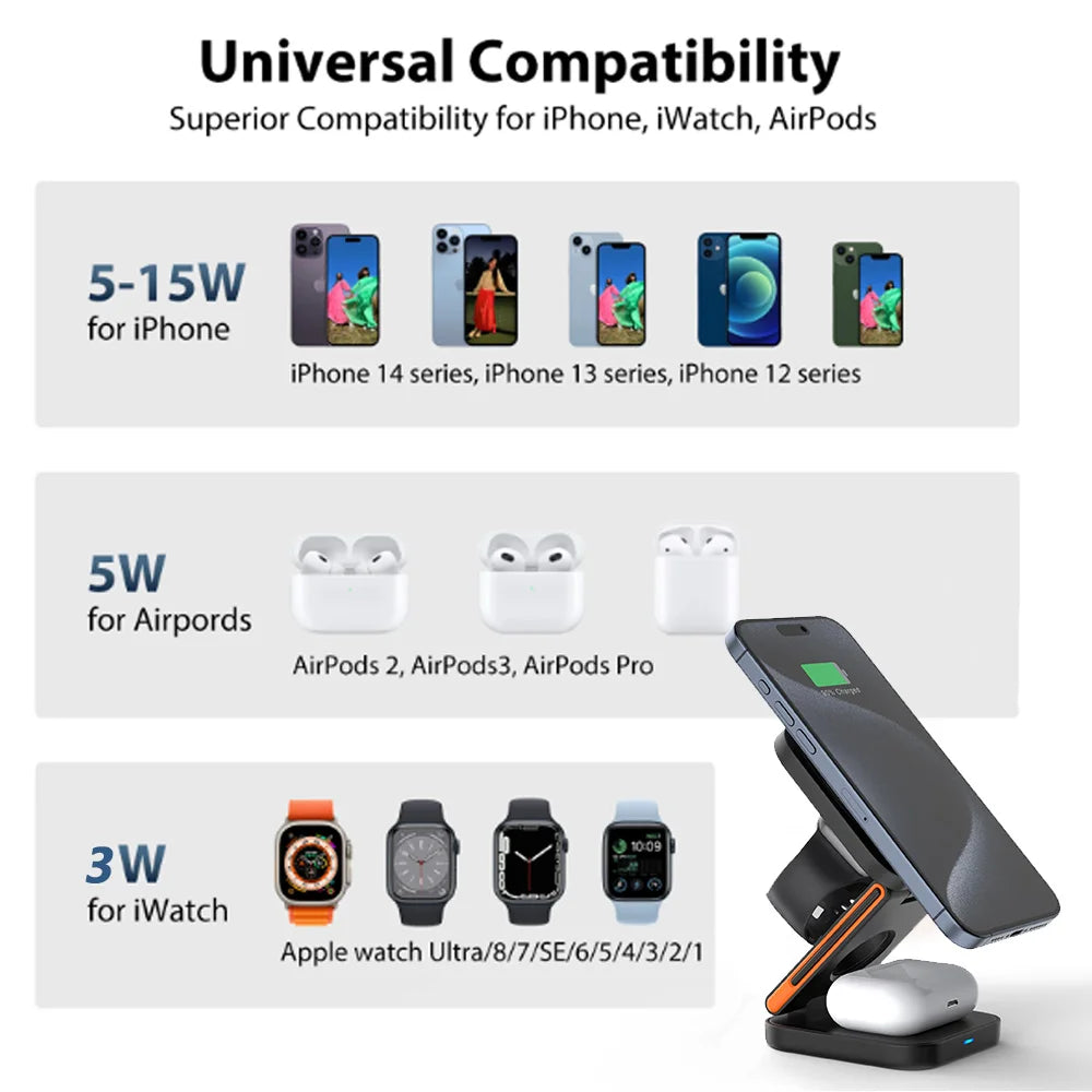 30W 3 in 1 Wireless Charger Phone Magnetic Foldable - tephonech