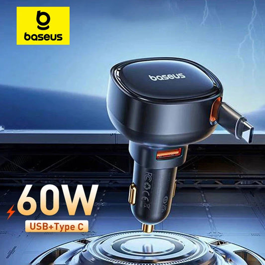 Baseus 60W Car Charger 2 in 1 Retractable Cable - tephonech