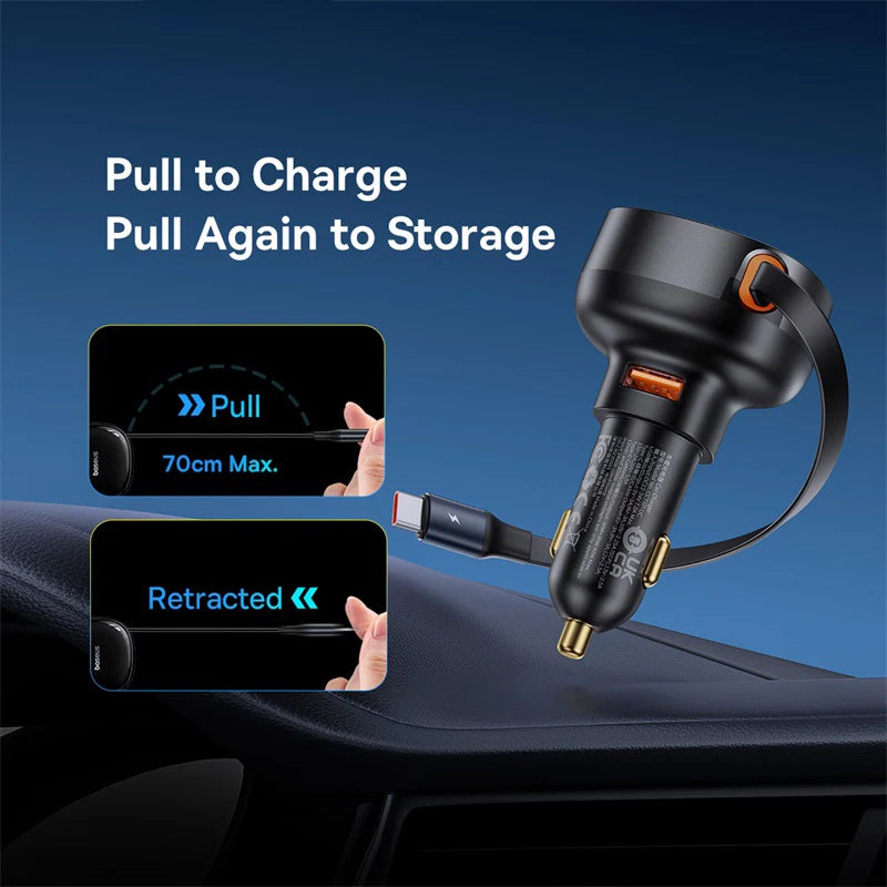 Baseus 60W Car Charger 2 in 1 Retractable Cable - tephonech