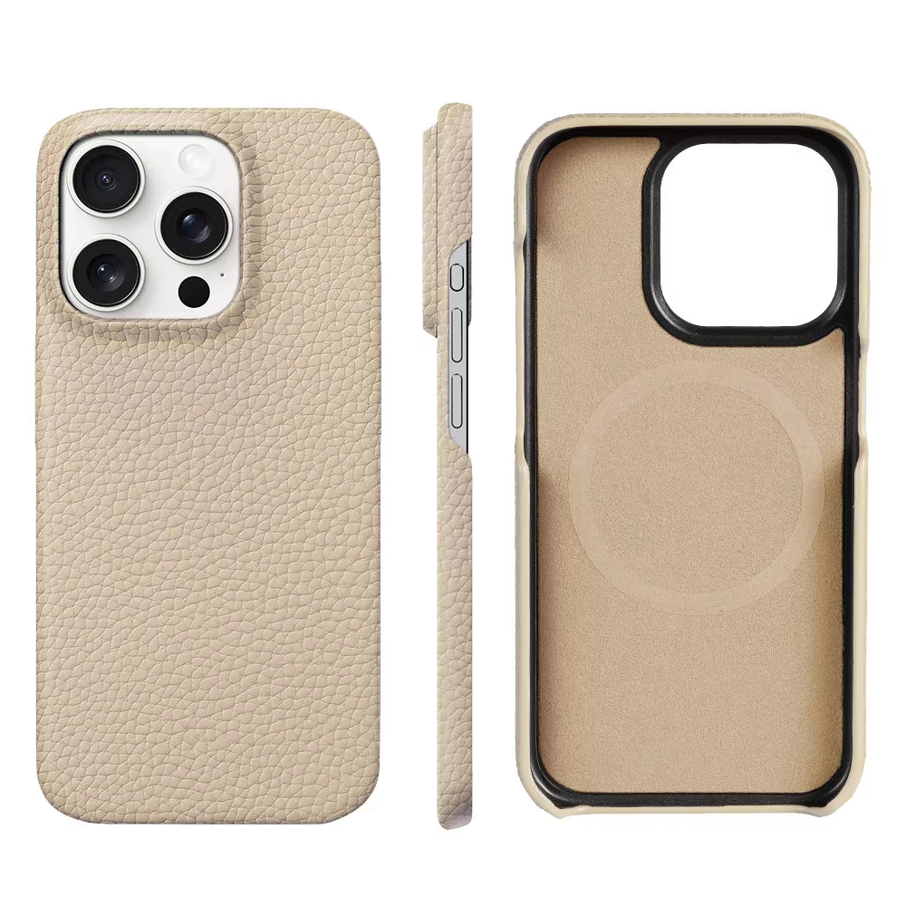 For Magsafe Case for Iphone 15 16 Pro Max Promax 16Pro Natural Cowhide Lychee Leather Magnetic Protector Luxury Phone Back Cover